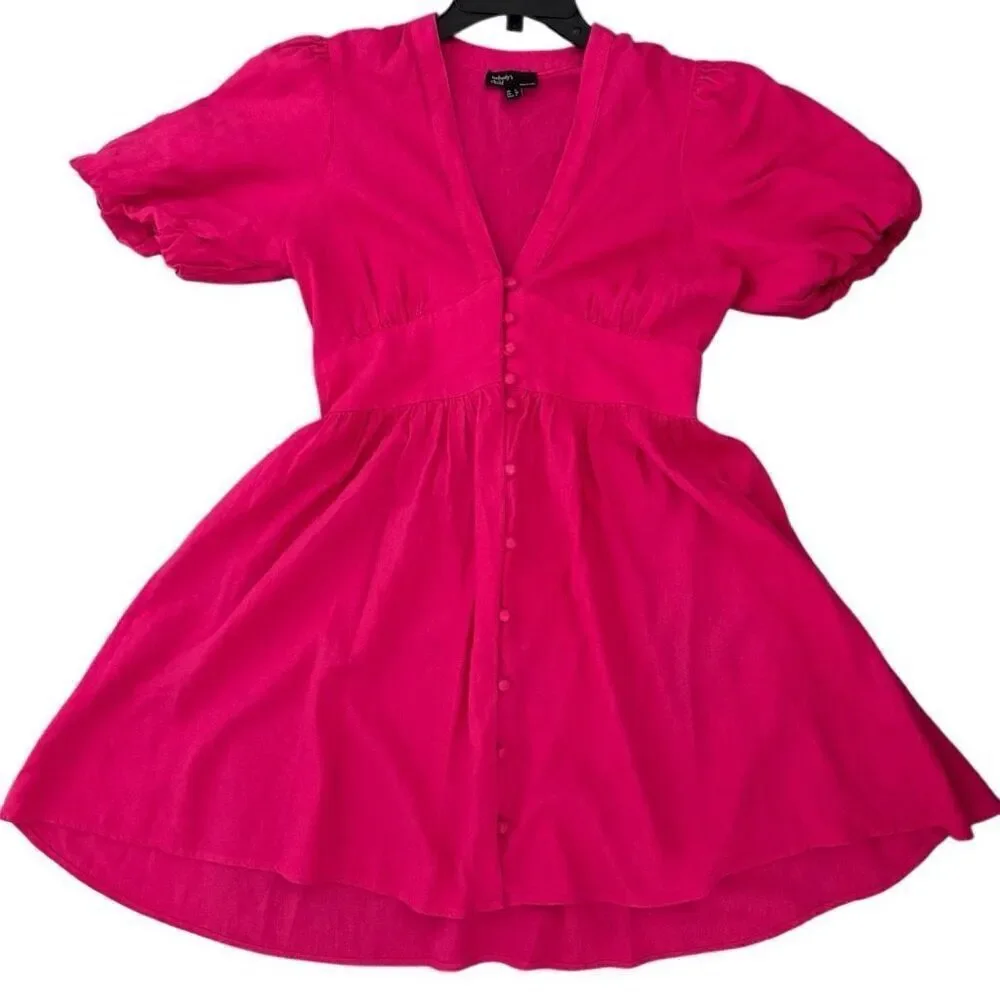 Nobody’s Child Pink Linen-blend Short Sleeve Starlight Mini Dress US4